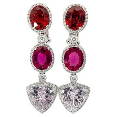 GIA Certified 18K White Gold Spessartine Rubellite Kunzite Diamond Drop Earrings