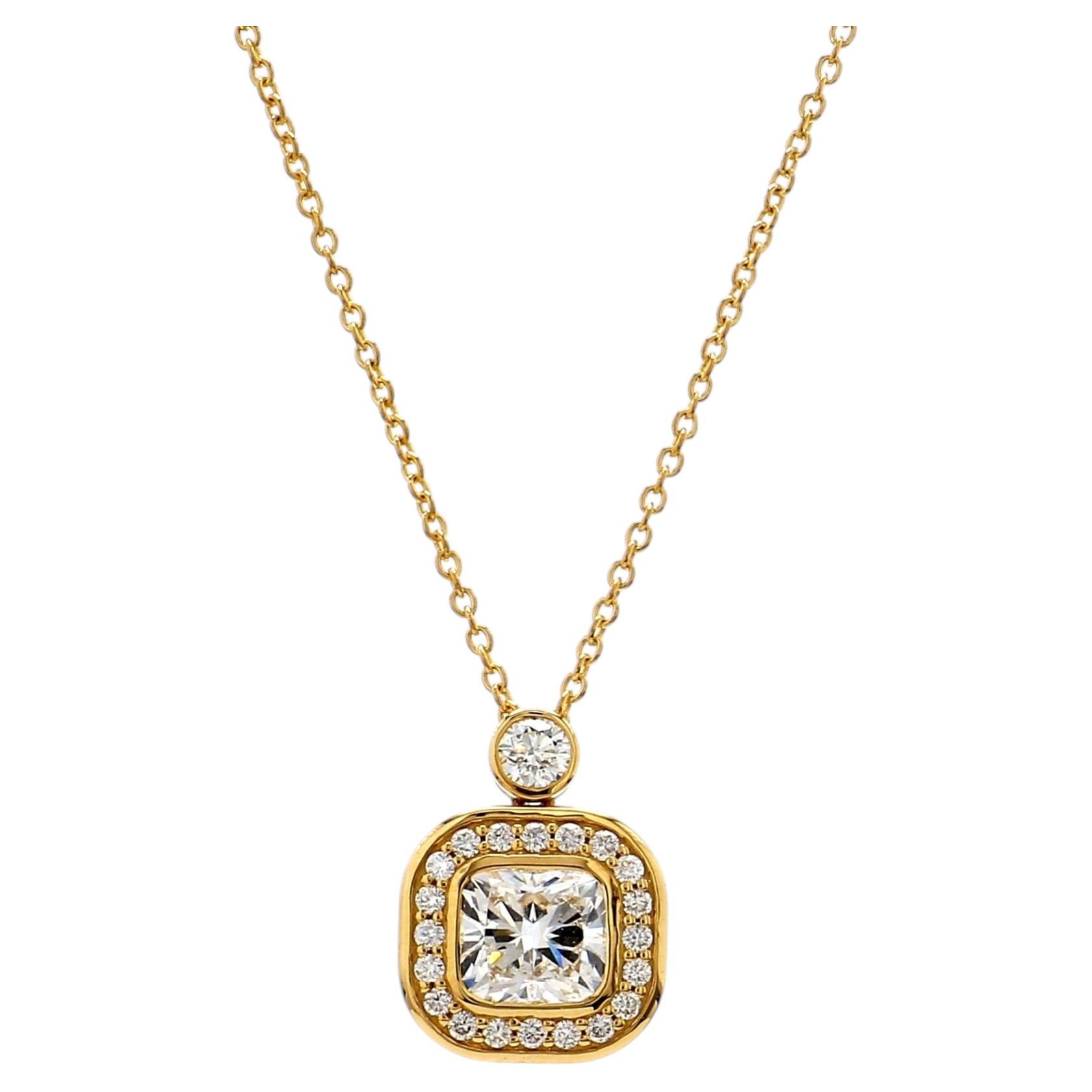 GIA Certified 1.00ct Cushion-Cut Diamond Halo Pendant in 18K Gold For Sale