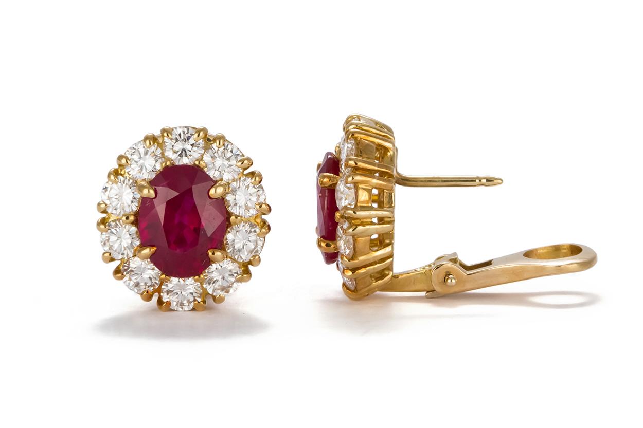 GIA Certified 18 Karat Yellow Gold Diamond Halo & Burma Ruby Earrings In Excellent Condition In Tustin, CA