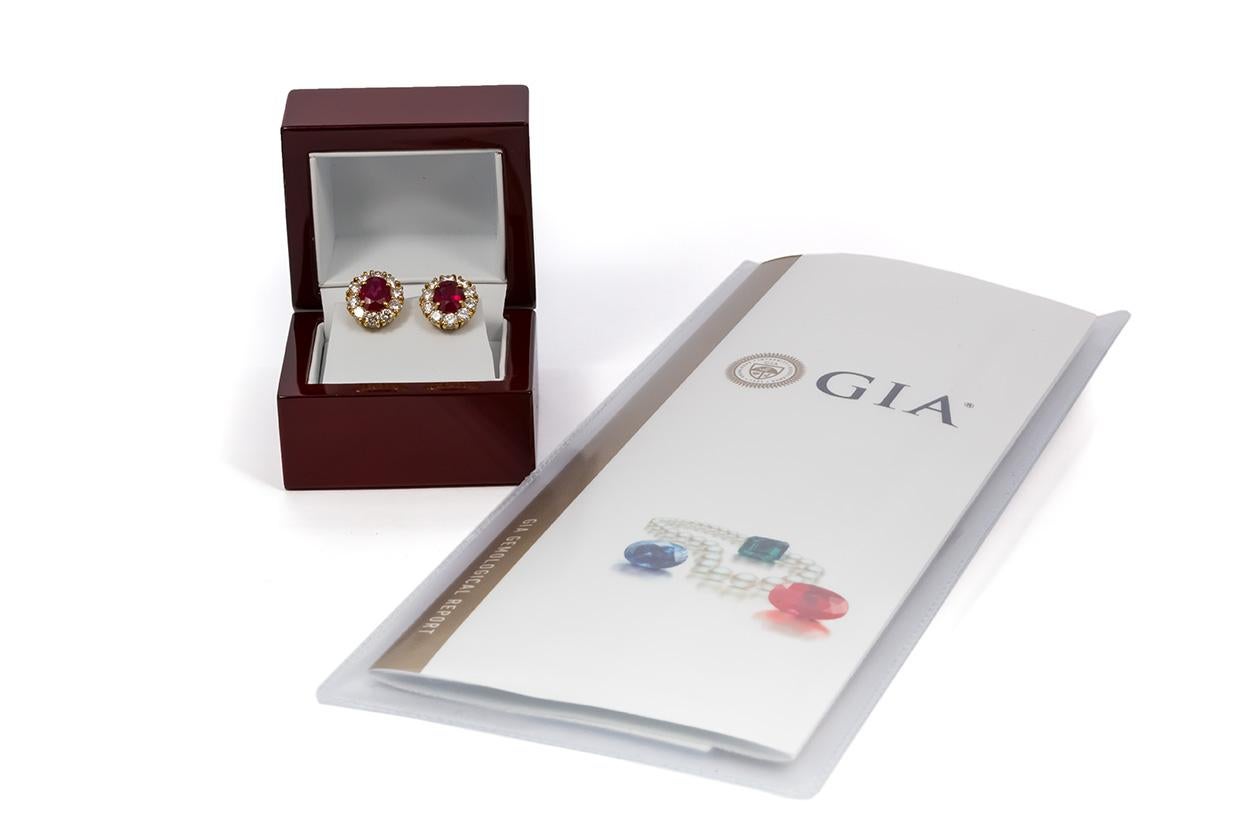 Women's GIA Certified 18 Karat Yellow Gold Diamond Halo & Burma Ruby Earrings