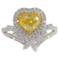 GIA Certified 1 Carat Heart Shaped Yellow Diamond Double Halo Cocktail Ring