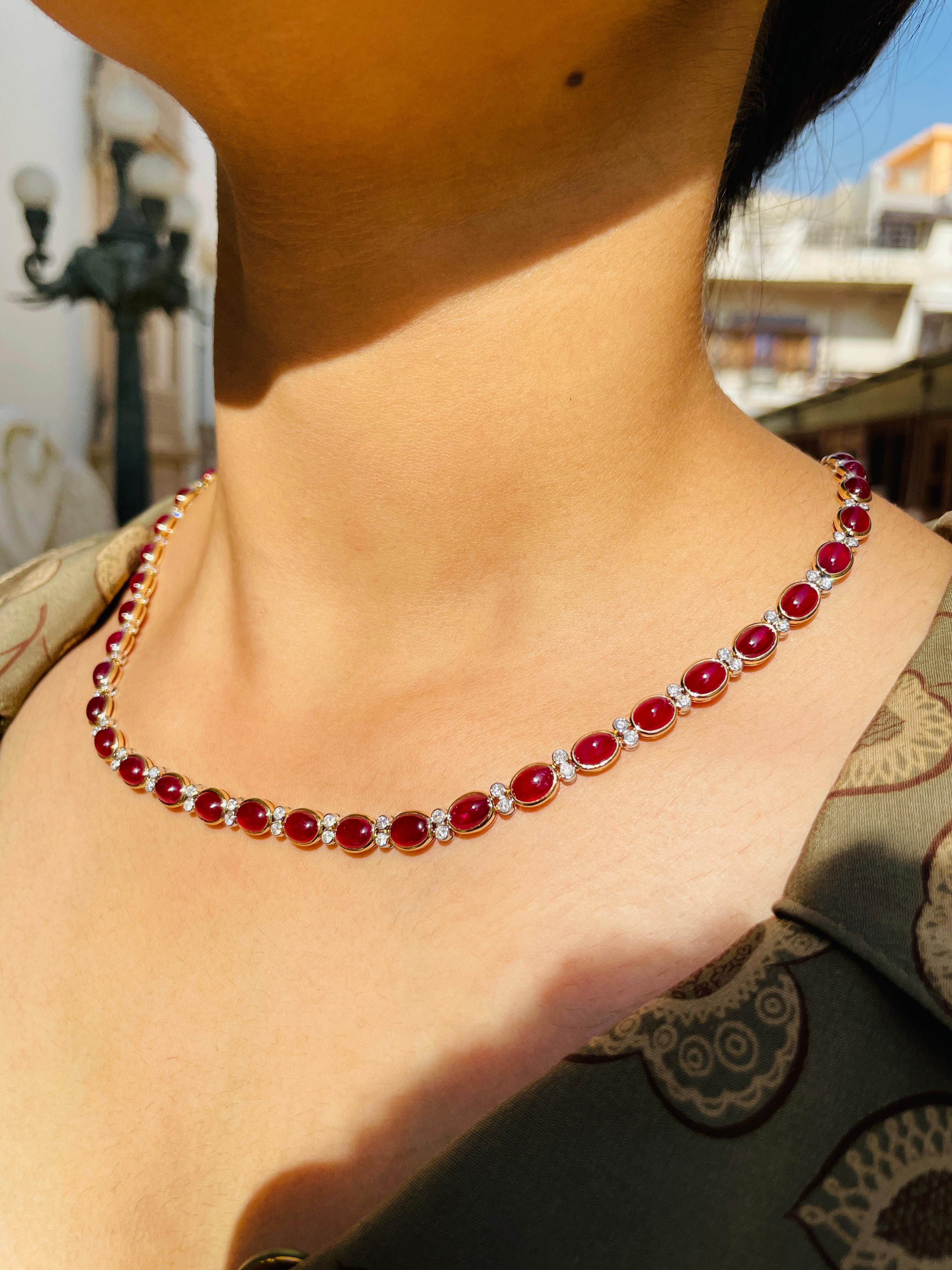 Ruby Necklace in 18K Gold studded with oval cut ruby gemstone pieces and diamonds.
Accessorize your look with this elegant ruby beaded necklace. This stunning piece of jewelry instantly elevates a casual look or dressy outfit. Comfortable and easy