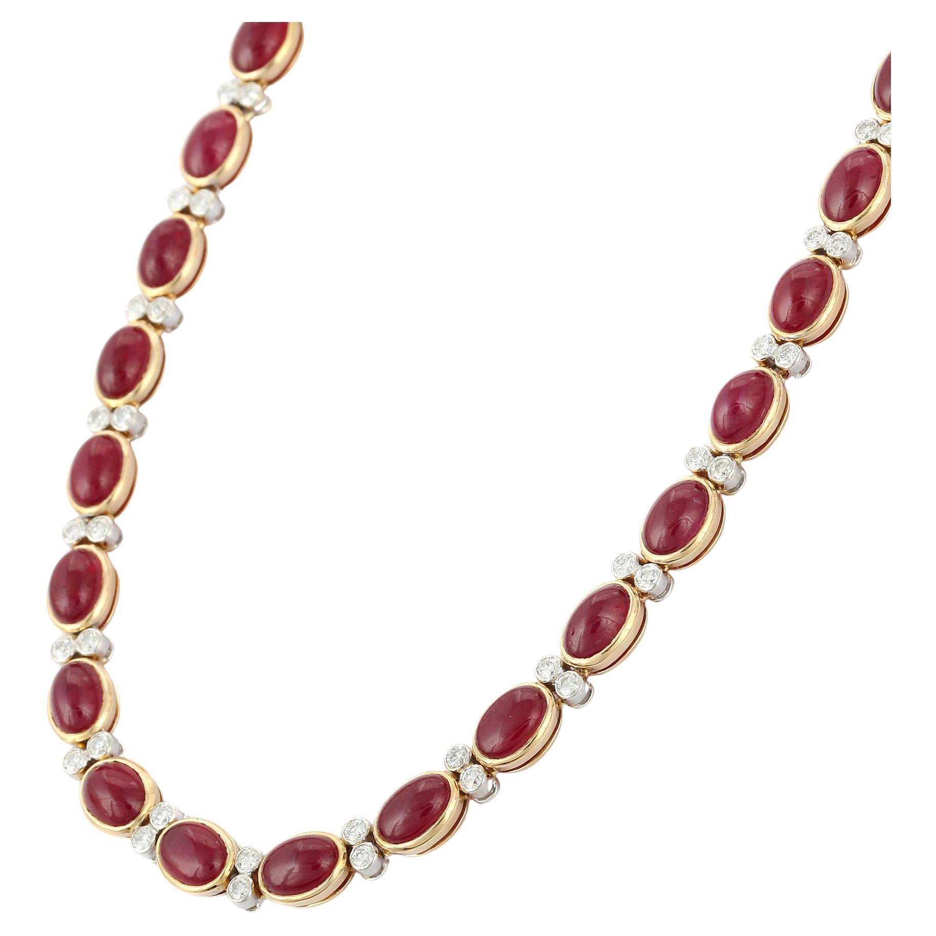Certified 17 Carat Ruby and Diamond 18K Yellow Gold Necklace For Sale