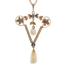 GIA Certified .19 Carat Yogo Gulch Sapphire Pearl Yellow Gold Pendant Necklace