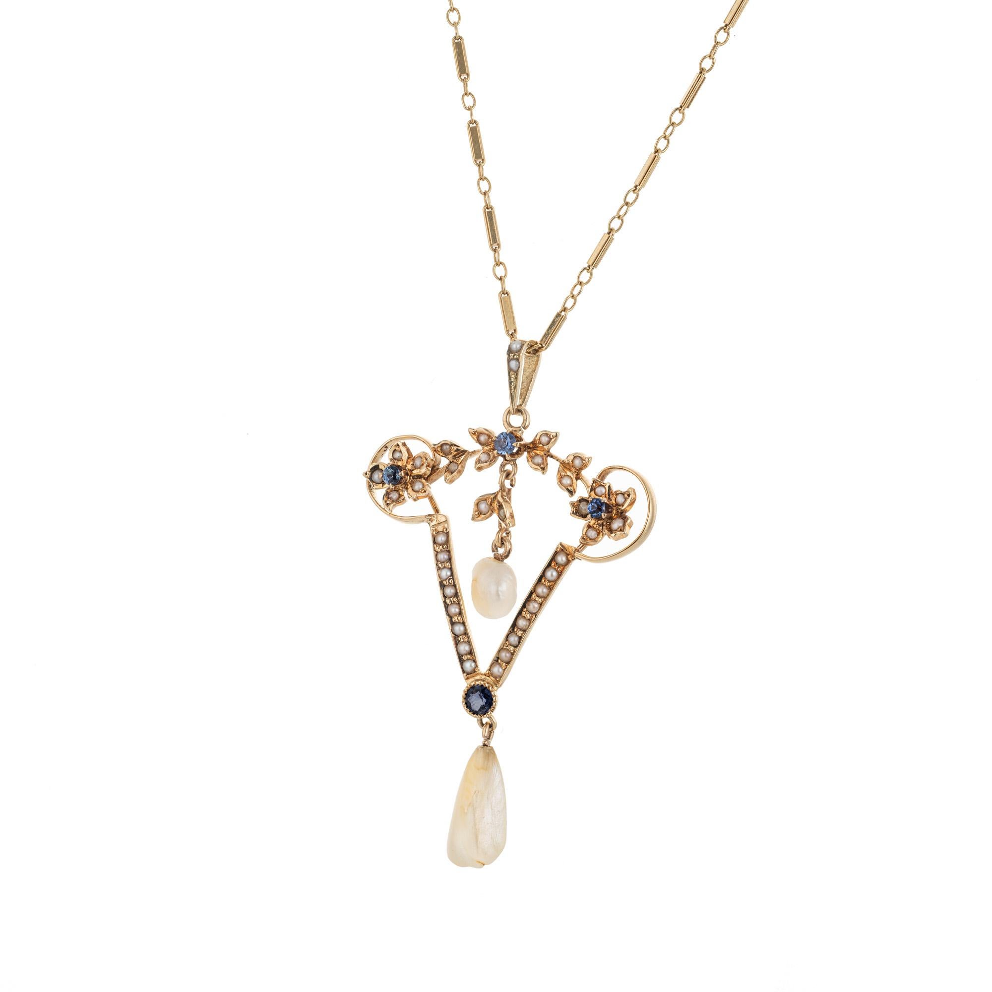 Round Cut GIA Certified .19 Carat Yogo Gulch Sapphire Pearl Yellow Gold Pendant Necklace  For Sale