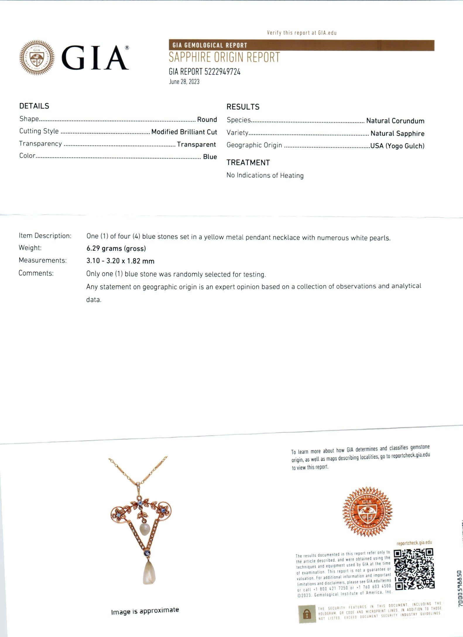GIA Certified .19 Carat Yogo Gulch Sapphire Pearl Yellow Gold Pendant Necklace Pour femmes en vente