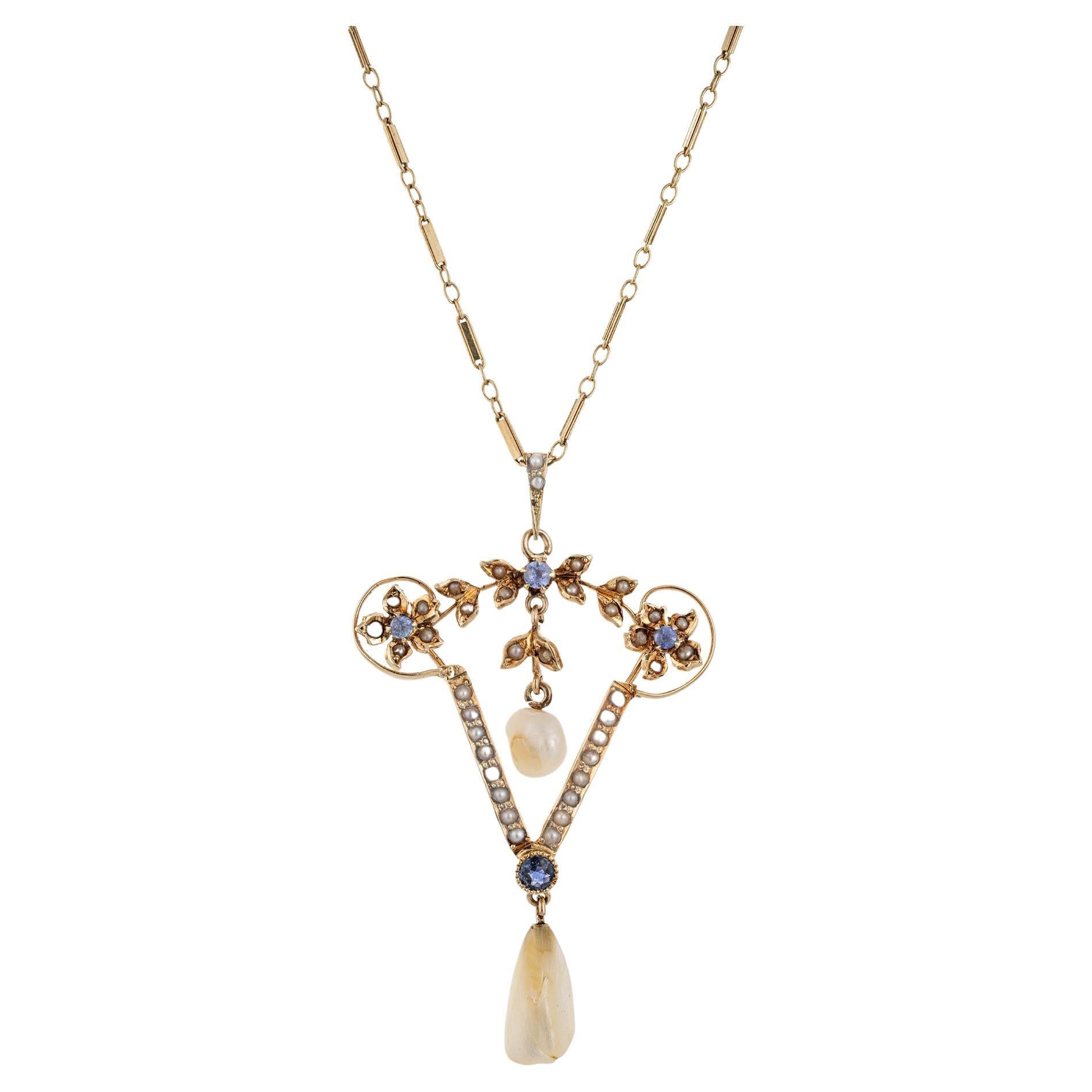 GIA Certified .19 Carat Yogo Gulch Sapphire Pearl Yellow Gold Pendant Necklace 