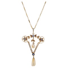 Antique GIA Certified .19 Carat Yogo Gulch Sapphire Pearl Yellow Gold Pendant Necklace 