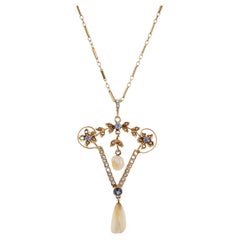 GIA Certified .19 Carat Yogo Gulch Sapphire Pearl Yellow Gold Pendant Necklace