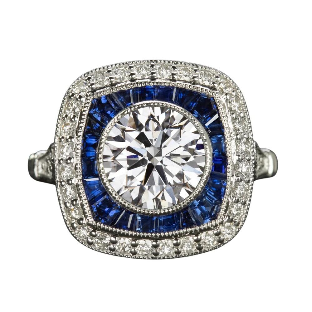 Art Deco GIA Certified 1.90 Carat Diamond Sapphire Vintage-Style Halo 14k White Gold Ring For Sale