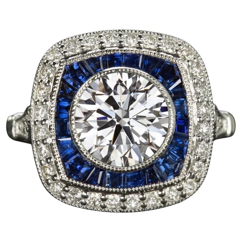 GIA Certified 1.90 Carat Diamond Sapphire Vintage-Style Halo 14k White Gold Ring