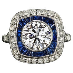 GIA Certified 1.90 Carat Diamond Sapphire Vintage-Style Halo 14k White Gold Ring