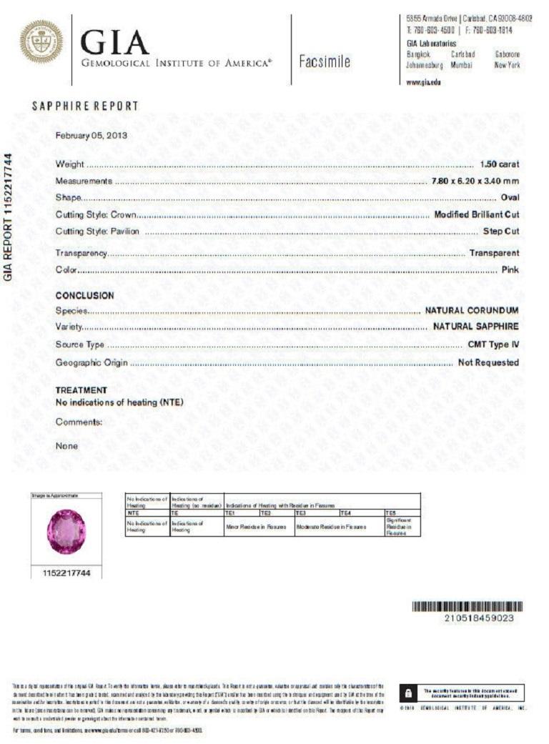 No Heat Pink & Mod Raised Cathedral

1.50ct. Natural GIA Certified No Heat Pink Sapphire Ring

GIA Certified Report ID: 1152217744

7.80 X 6.20 X 3.40mm

Full cut oval brilliant 

Clean Clarity & Transparent



.20ct. Round Diamonds & .20ct.