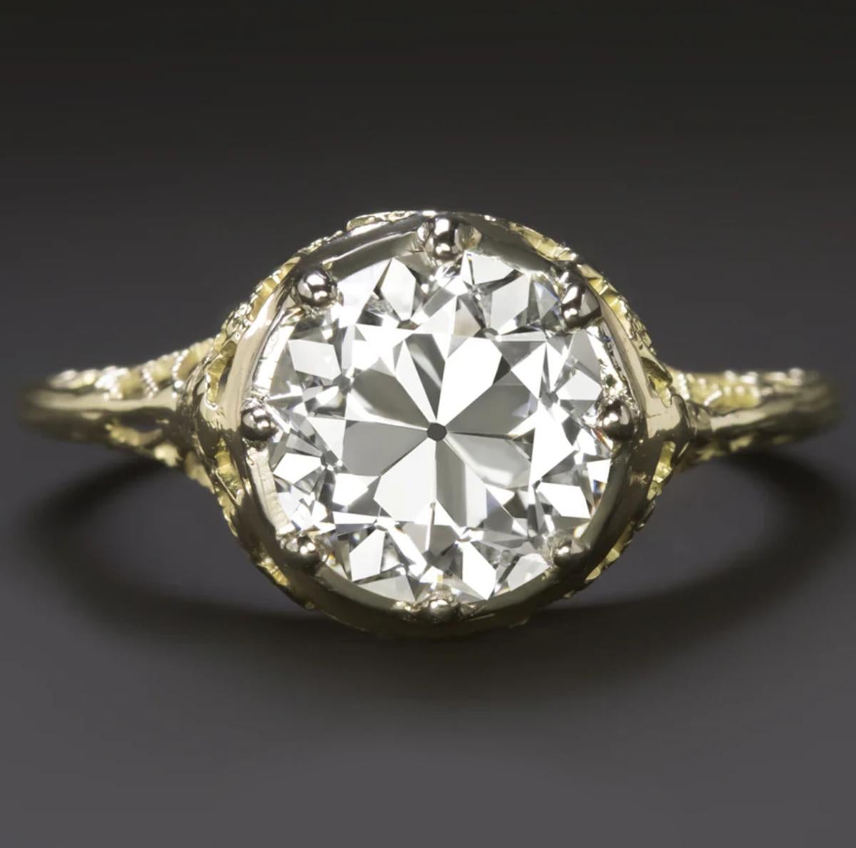 GIA Certified 1.90 Carat Old European Cut Diamond Engagement Ring in 14K Yellow For Sale 1