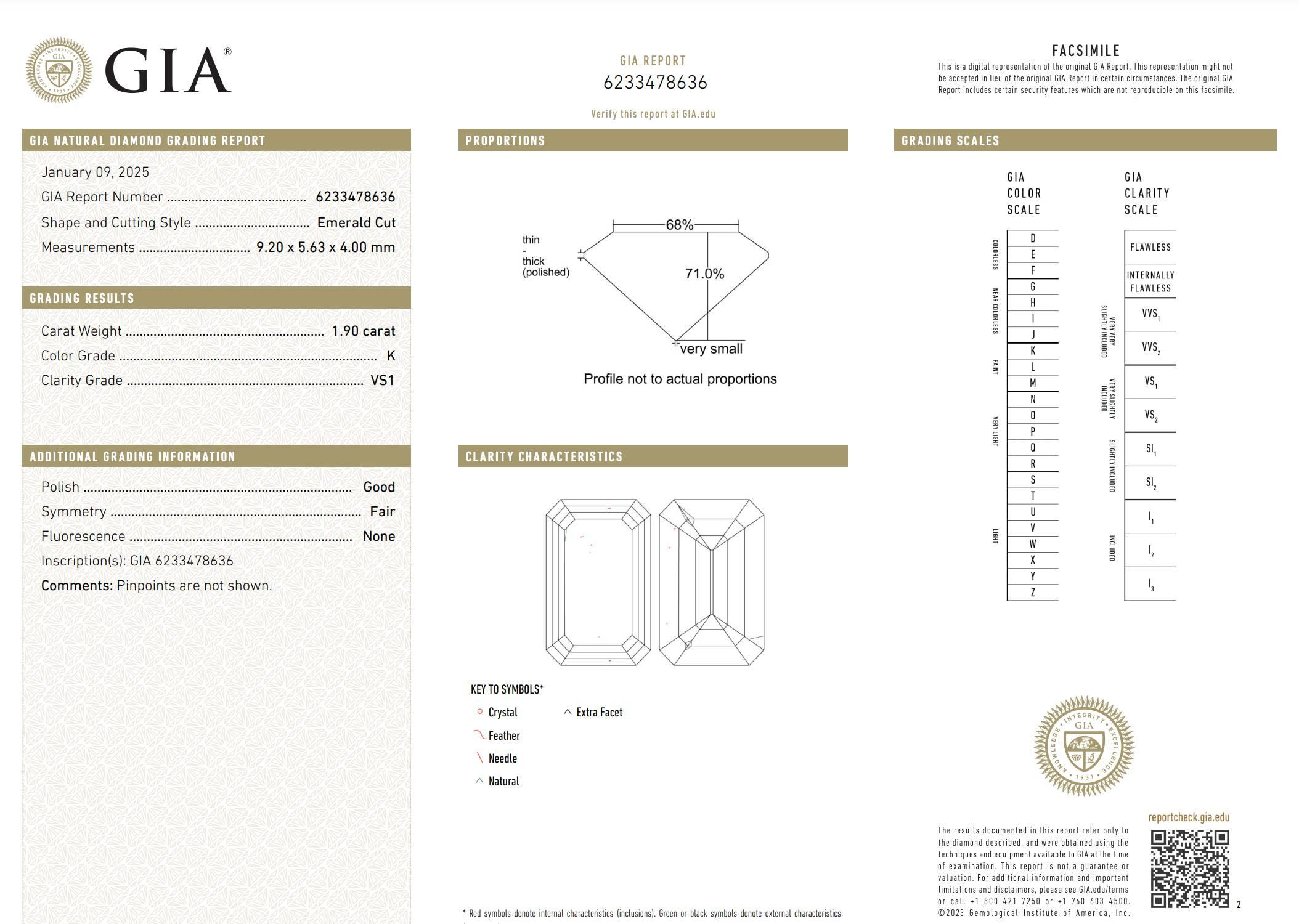 GIA Certified 1.90 Emerald Cut K VS1 Natural Diamond Solitaire Engagement Ring For Sale 1