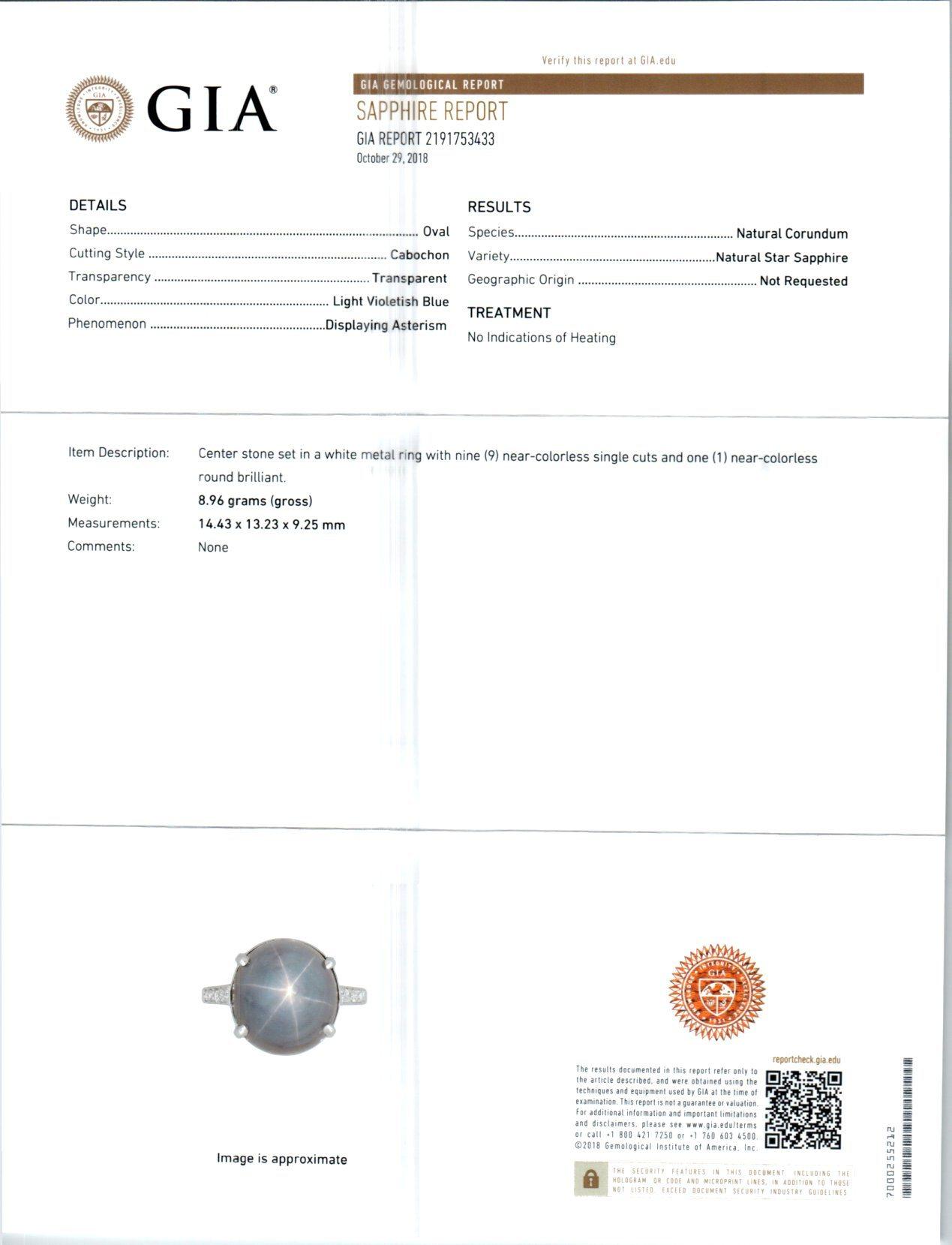 GIA Certified 19.00 Carat Star Sapphire Diamond Platinum Ring 1