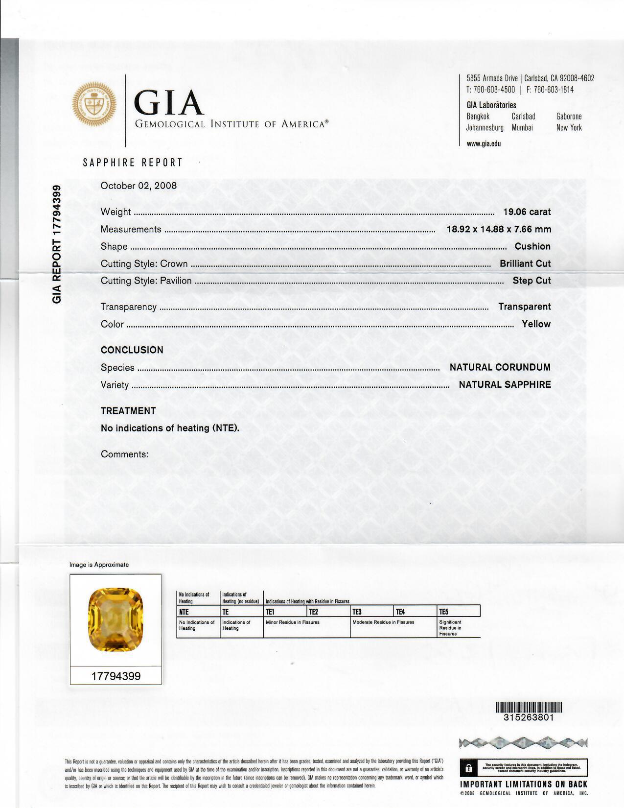 Cushion Cut GIA Certified 19.06 Carat Yellow Sapphire Diamond Emerald Cocktail Ring