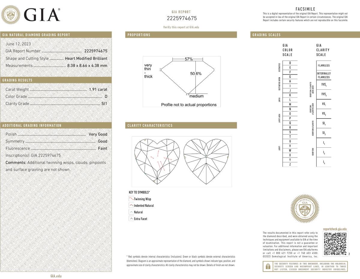 Dieser bezaubernde Ring wurde von den Meisterhandwerkern von Provident Jewelry in Platin gefertigt. Im Mittelpunkt steht ein GIA-zertifizierter herzförmiger Diamant von 1,91 Karat mit der außergewöhnlichen Farbe D und der Reinheit SI1. Das