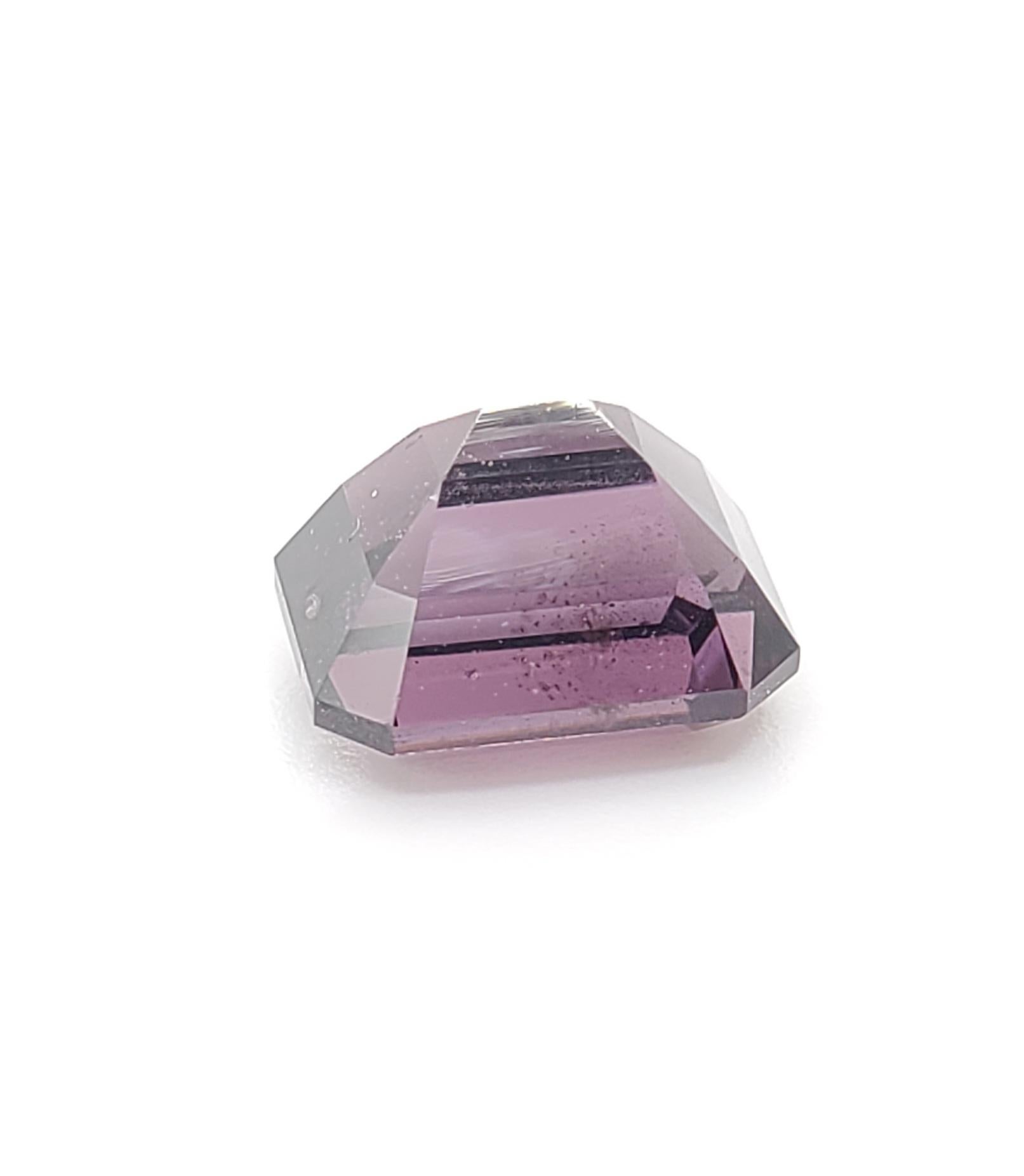 This pretty Reddish- Purple spinel Octagonal cut , weighs 1.91 carats and would make a beautiful 3-stone ring, though its shape lends itself to a variety of possibilities! It measures 7.24 x 5.72 x4.98 millimeters, is eye clean, brilliant, and