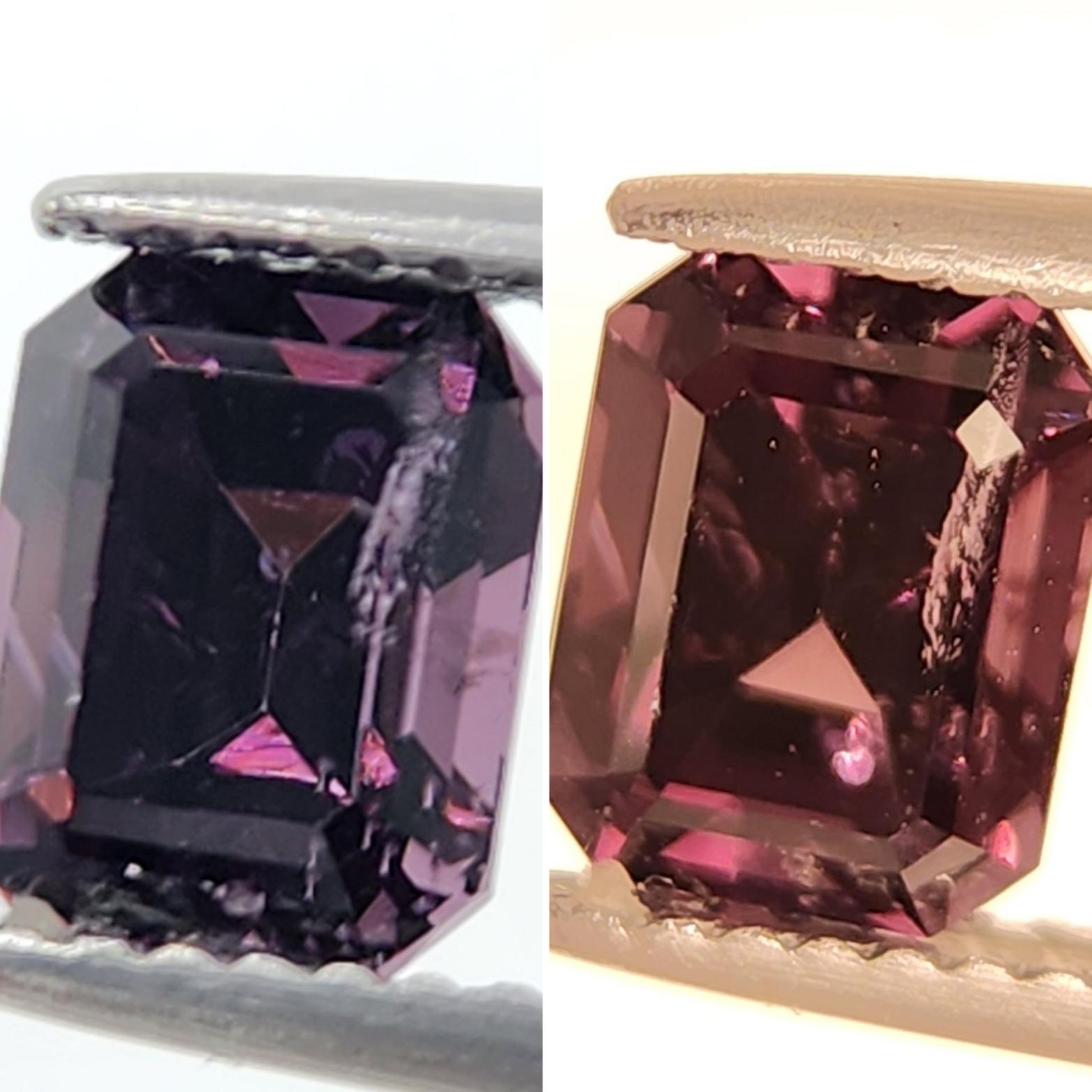 Questo grazioso spinello rosso-viola dal taglio ottagonale pesa 1,91 carati e sarebbe un bellissimo anello a tre pietre, anche se la sua forma si presta a diverse possibilità! Misura 7,24 x 5,72 x 4,98 millimetri, è pulito, brillante e ben