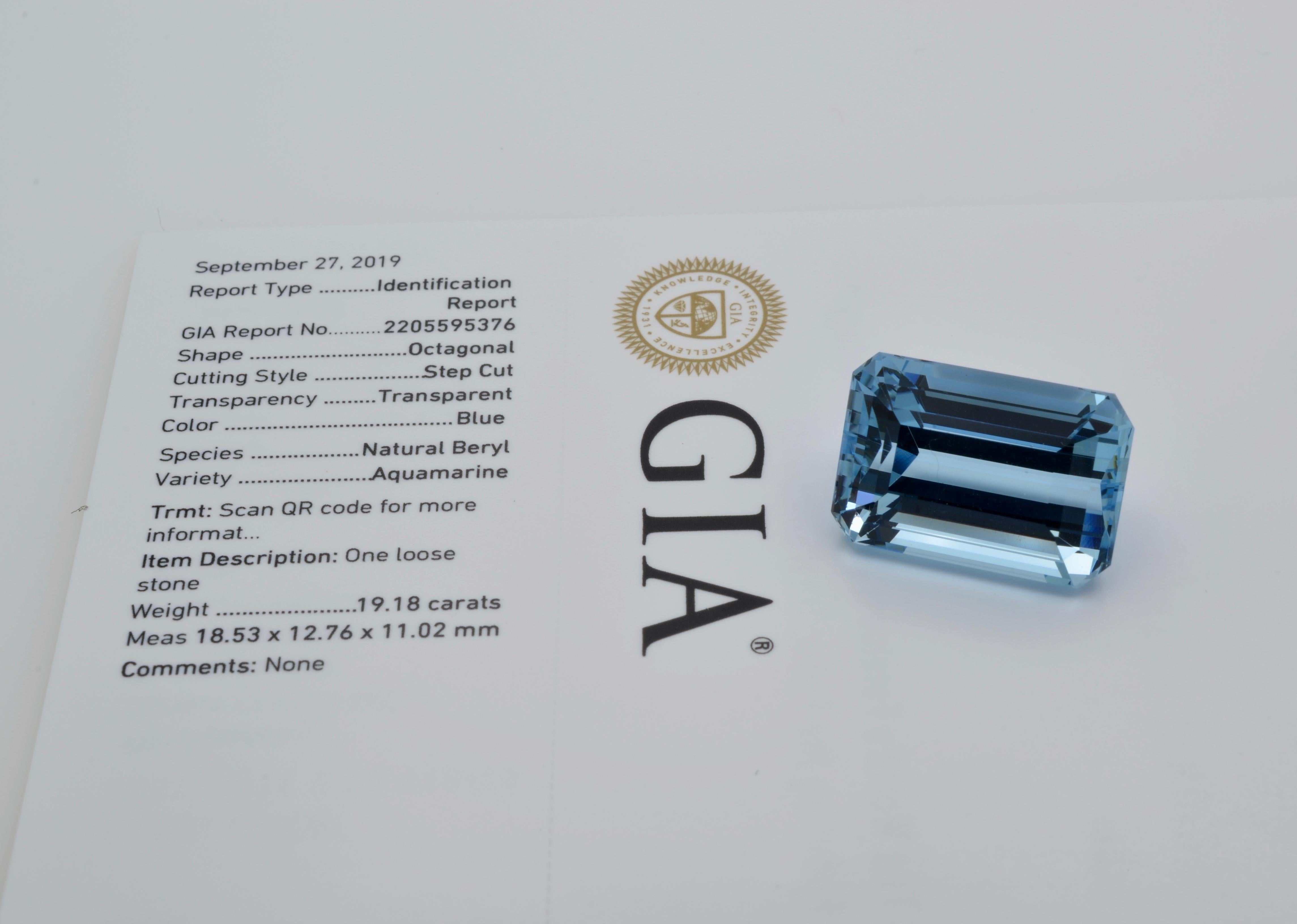 GIA Certified 19.18 Carat Aquamarine Natural Rectangular Step Cut Deep Blue In Excellent Condition In Berkeley, CA