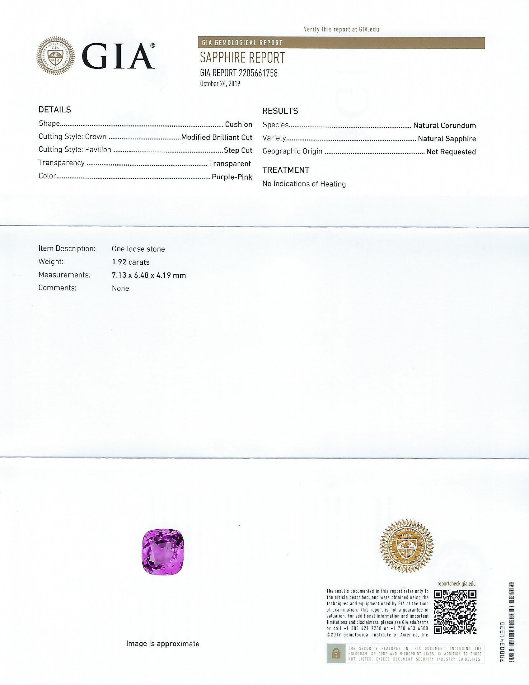 GIA Certified 1.92 Carat No Heat Cushion Purple Sapphire Diamond Pave Gold Ring For Sale 4