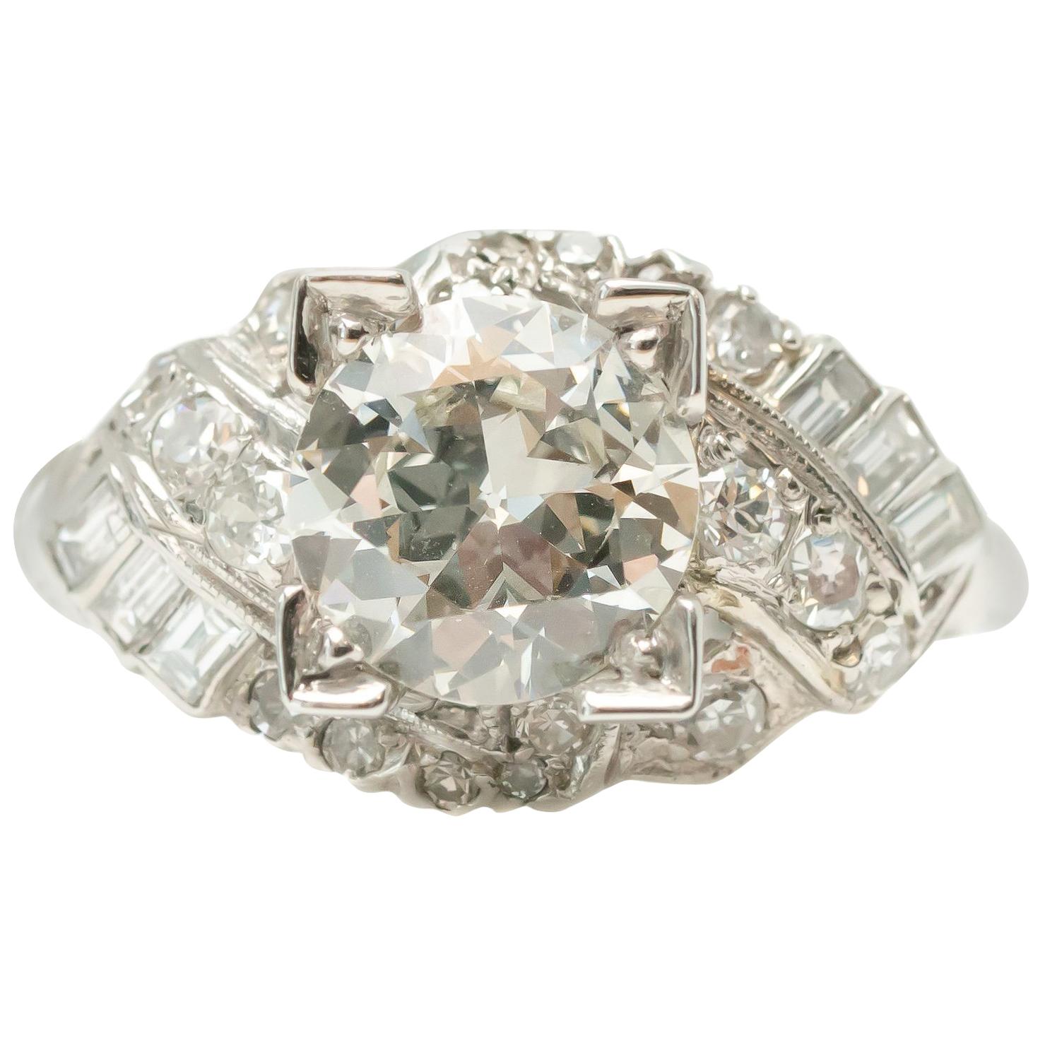 GIA Certified 1920 Art Deco 1.53 Carat Diamond Platinum Engagement Ring For Sale