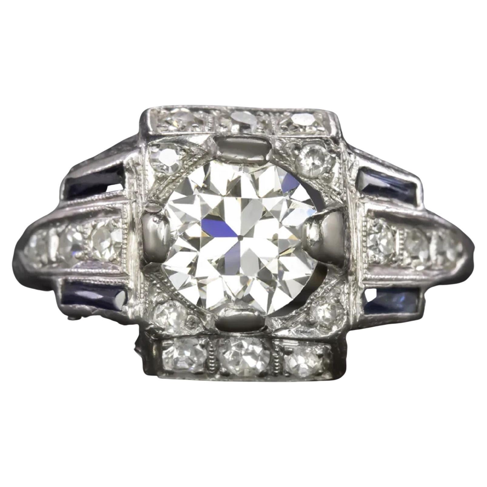 GIA Certified 1920 Authentic Old European Diamond Sapphire Platinum Ring