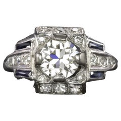 GIA Certified 1920 Authentic Old European Diamond Sapphire Platinum Ring