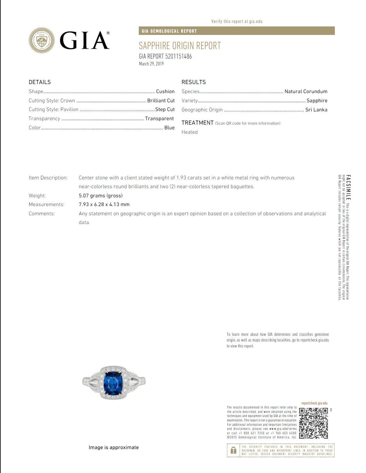 Women's DiamondTown GIA Certified 1.93 Carat Cushion Cut Fine Ceylon Sapphire Ring