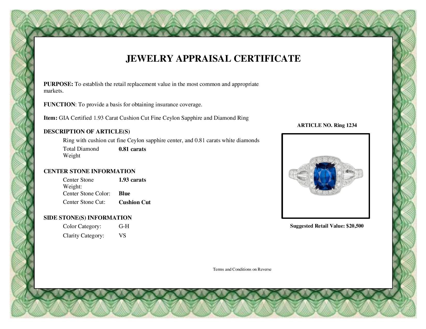 DiamondTown GIA Certified 1.93 Carat Cushion Cut Fine Ceylon Sapphire Ring 2