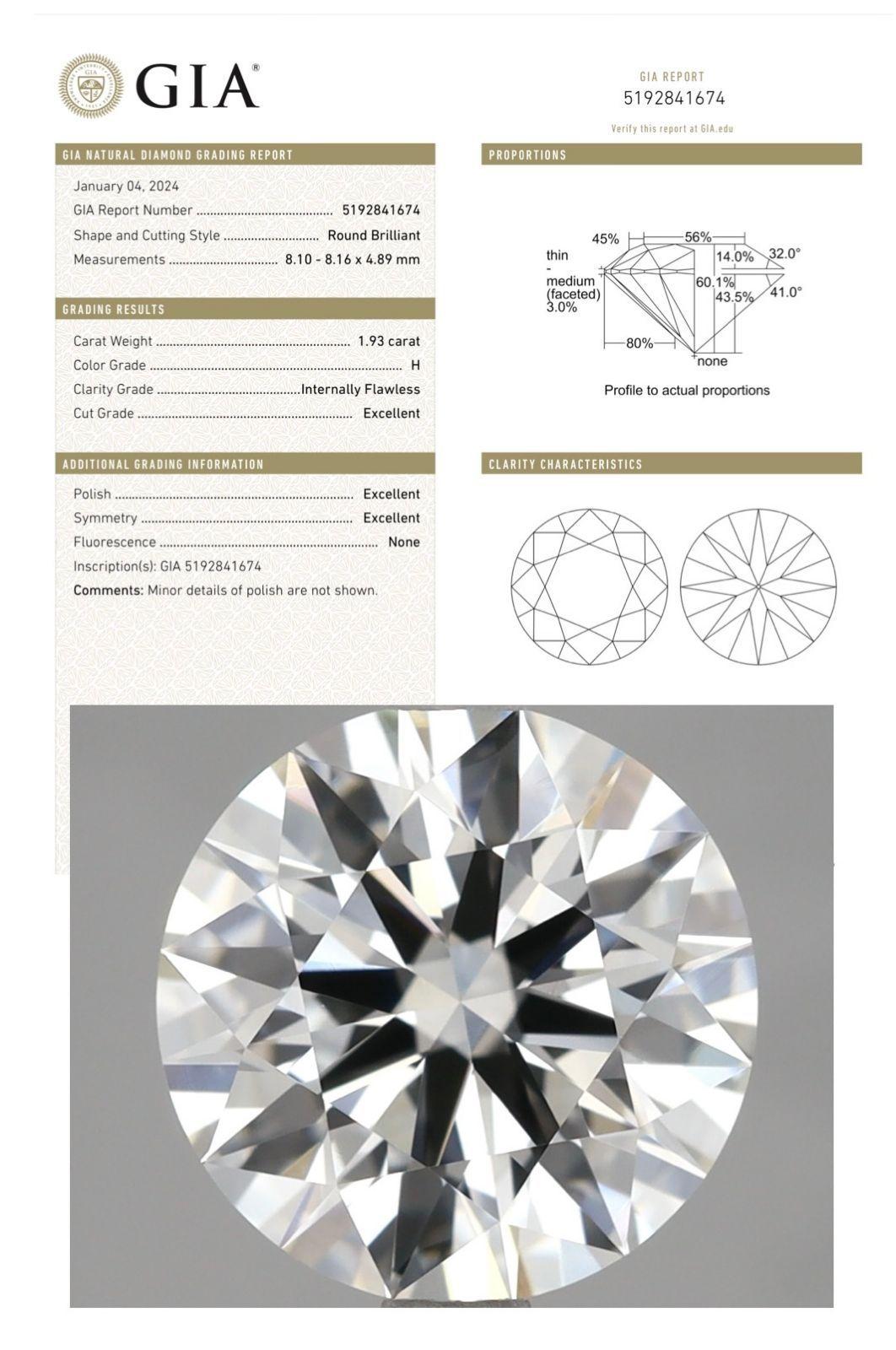 A stunning GIA Certified Natural Diamond in perfect round brilliant cut , of 1,93 carats, H color IF clarity, extremely bright .
Investment stone.
Complete with GIA certificate.

Whosale price.