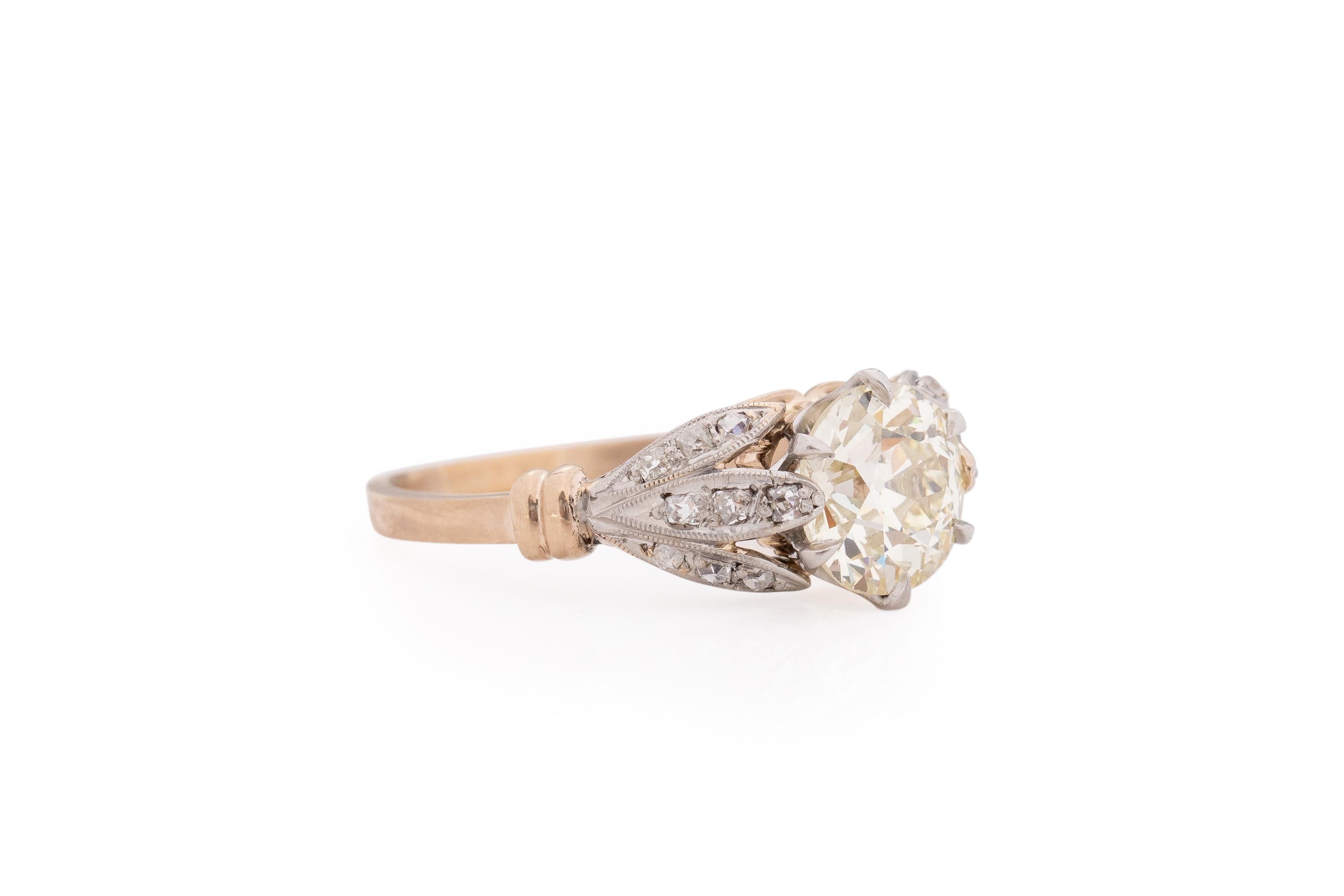 Ring Size: 8.25
Metal Type: 14 Karat Yellow Gold & Platinum Head [Hallmarked, and Tested]
Weight: 3.9 grams

Center Diamond Details:
GIA REPORT #: 1216603506
Weight: 1.94 carat
Cut: Old European brilliant
Color: Light Yellow (Q/R)
Clarity: