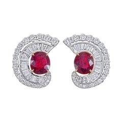 GIA Certified 1.94 Carat Pigeon Blood Burma No Heat Ruby Diamond Stud Earrings