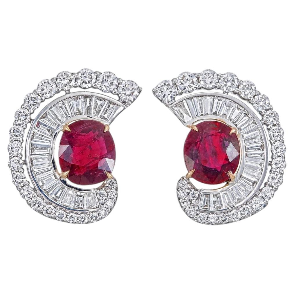 GIA Certified 1.94 Carat Pigeon Blood Burma No Heat Ruby Diamond Stud Earrings