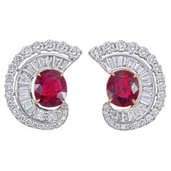 GIA Certified 1.94 Carat Pigeon Blood Burma No Heat Ruby Diamond Stud Earrings