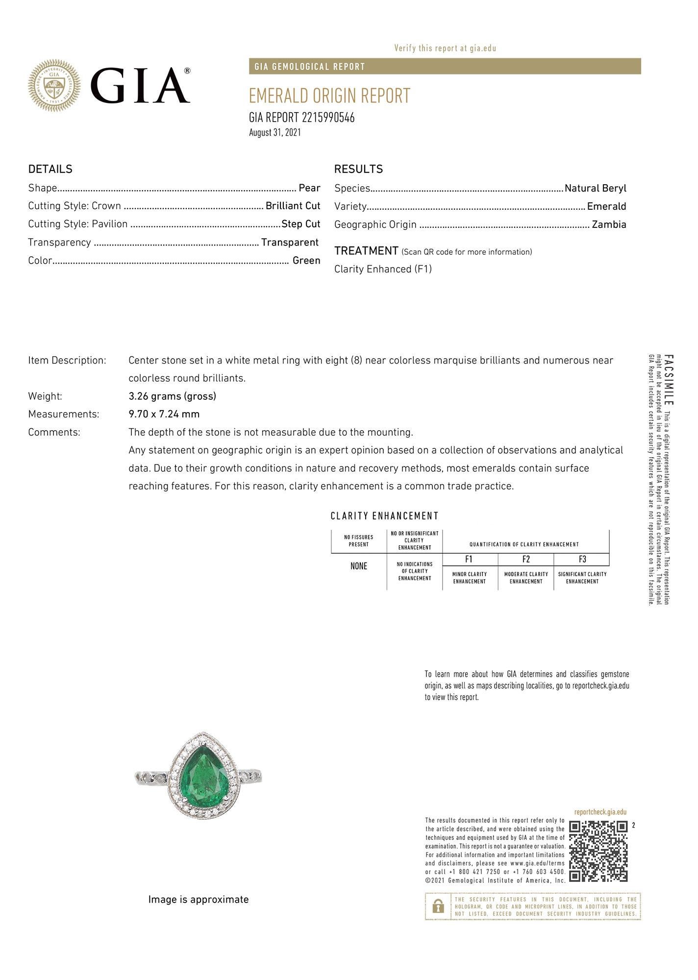 GIA Certified 1.95 Carat 18k White Gold Pear Green Emerald Halo Diamond Ring  2