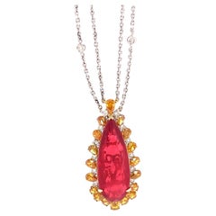 GIA Certified 19.56 Pear Shaped Rhodonite & Diamond Necklace in 18KT Gold