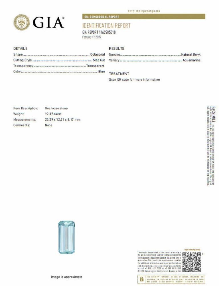 Aquamarine Collections

GIA Certified 19.37ct. Natural Aquamarine Ring

 Excellent clean clarity

Long Octagonal Step cut (emerald cut).

Vivid Blue Aqua color.

Brilliant sparkles from all angles

Pristine Transparency

Report: 1162985010

25.29 x