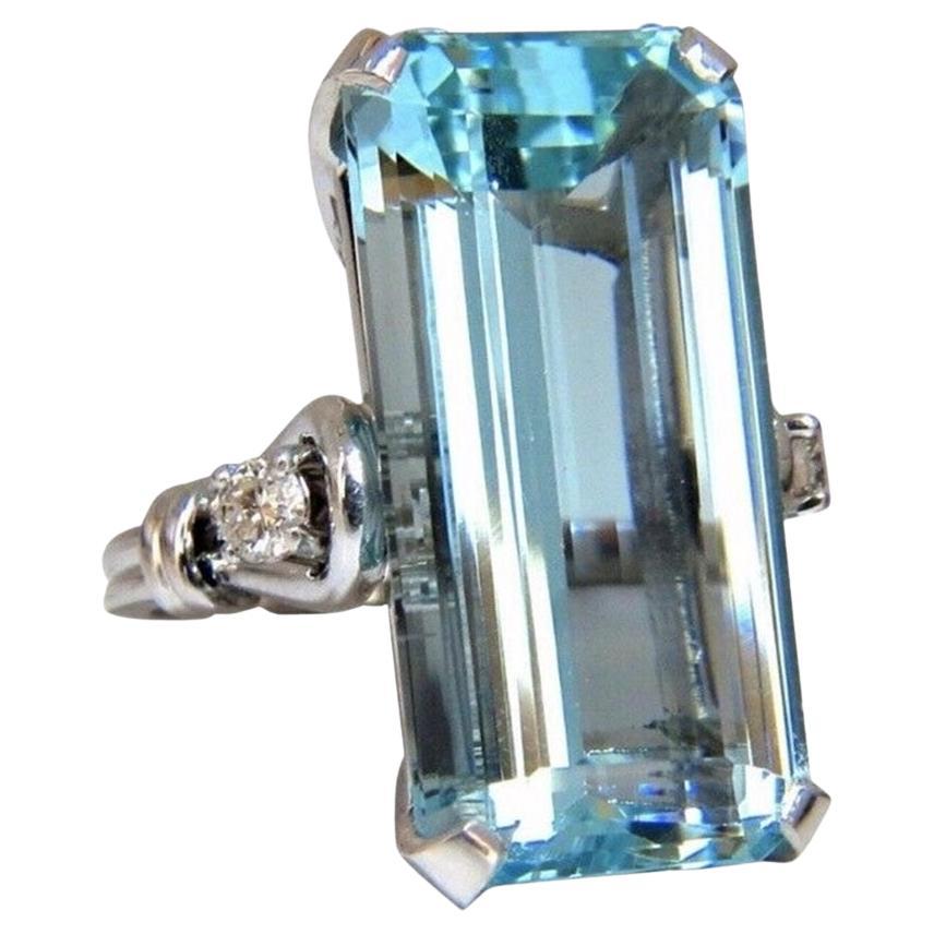 GIA Certified 19.67 Carat Natural "Blue" Aquamarine Diamonds Ring Vivid Long Cut For Sale