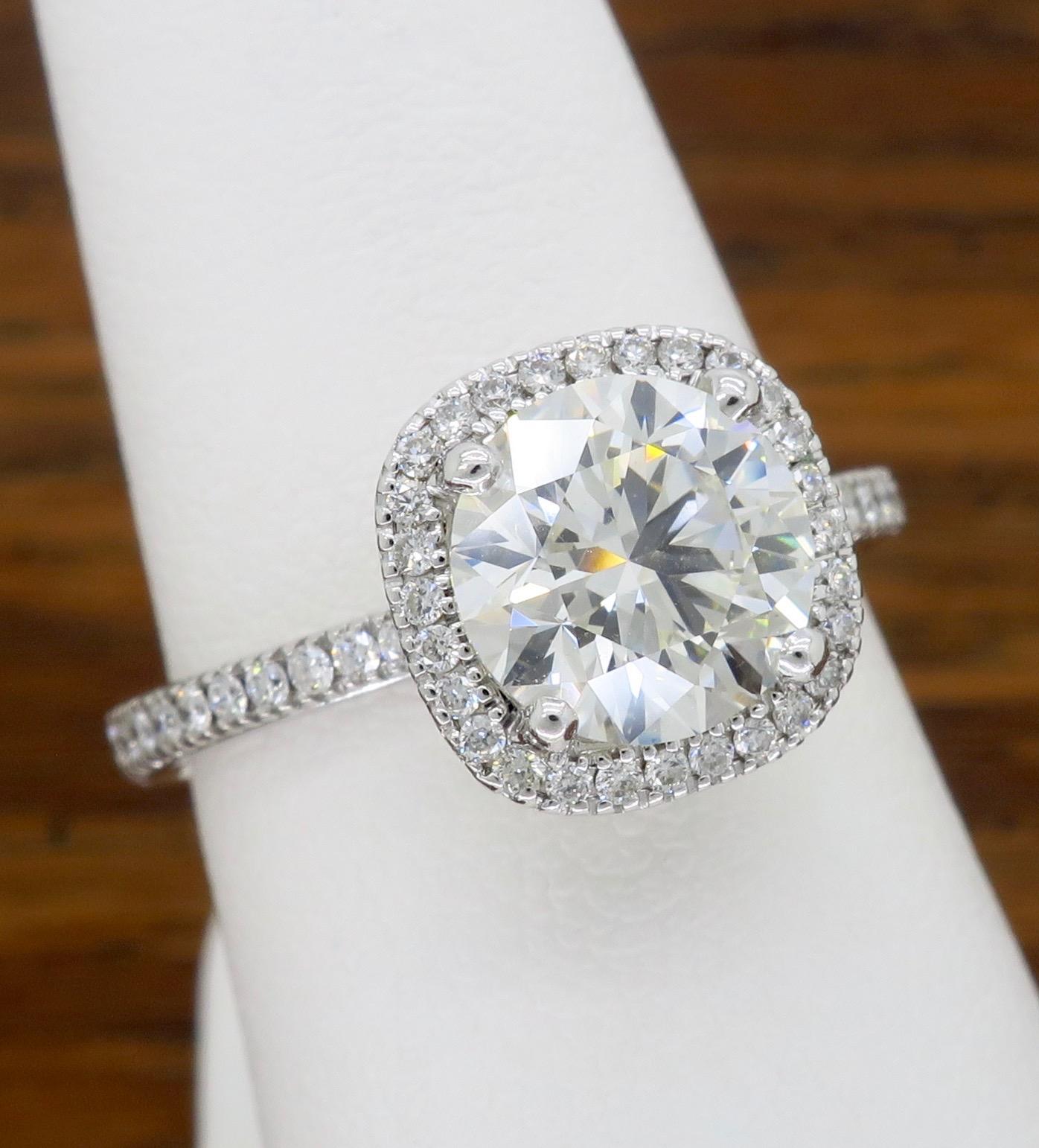 GIA Certified 1.97 Carat Diamond Halo Engagement Ring In Excellent Condition In Webster, NY