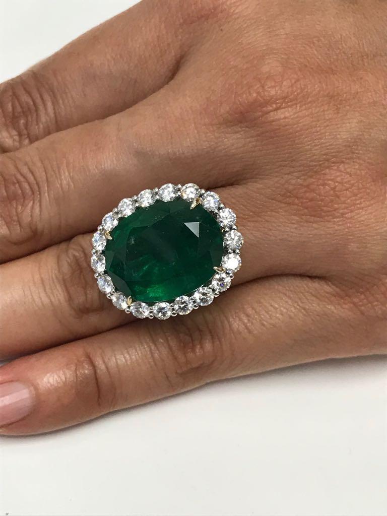GIA Certified 19.78 Ct Zambian Emerald Diamond Halo Two Color Gold Cocktail Ring 6