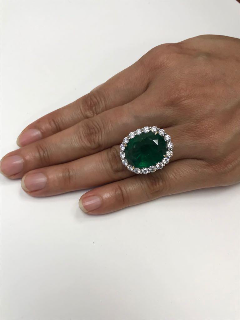 Women's or Men's GIA Certified 19.78 Ct Zambian Emerald Diamond Halo Two Color Gold Cocktail Ring