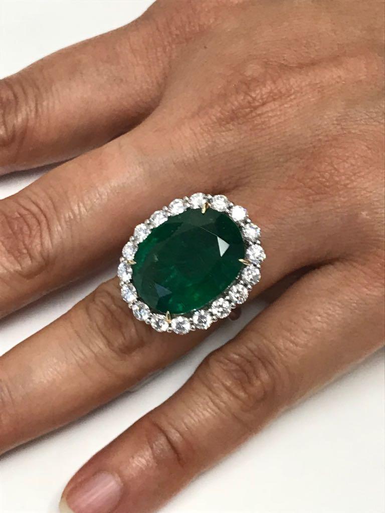 GIA Certified 19.78 Ct Zambian Emerald Diamond Halo Two Color Gold Cocktail Ring 1