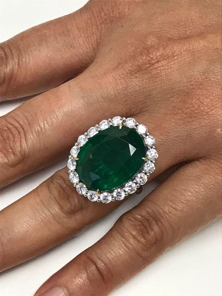 GIA Certified 19.78 Ct Zambian Emerald Diamond Halo Two Color Gold Cocktail Ring 3