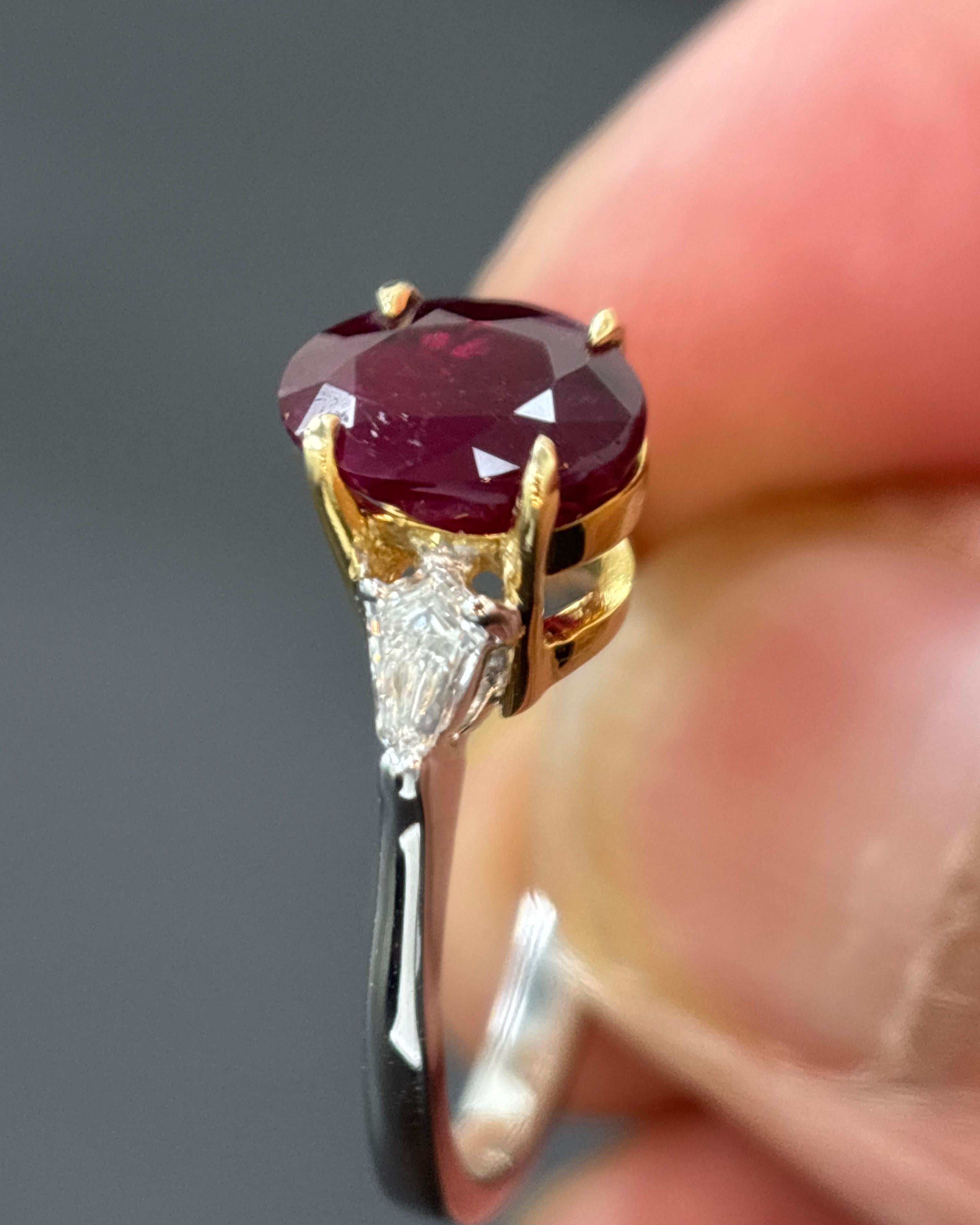 Oval Cut GIA Certified 1.98 Carat Burma No Heat Ruby White Diamond Gold Three Stone Ring