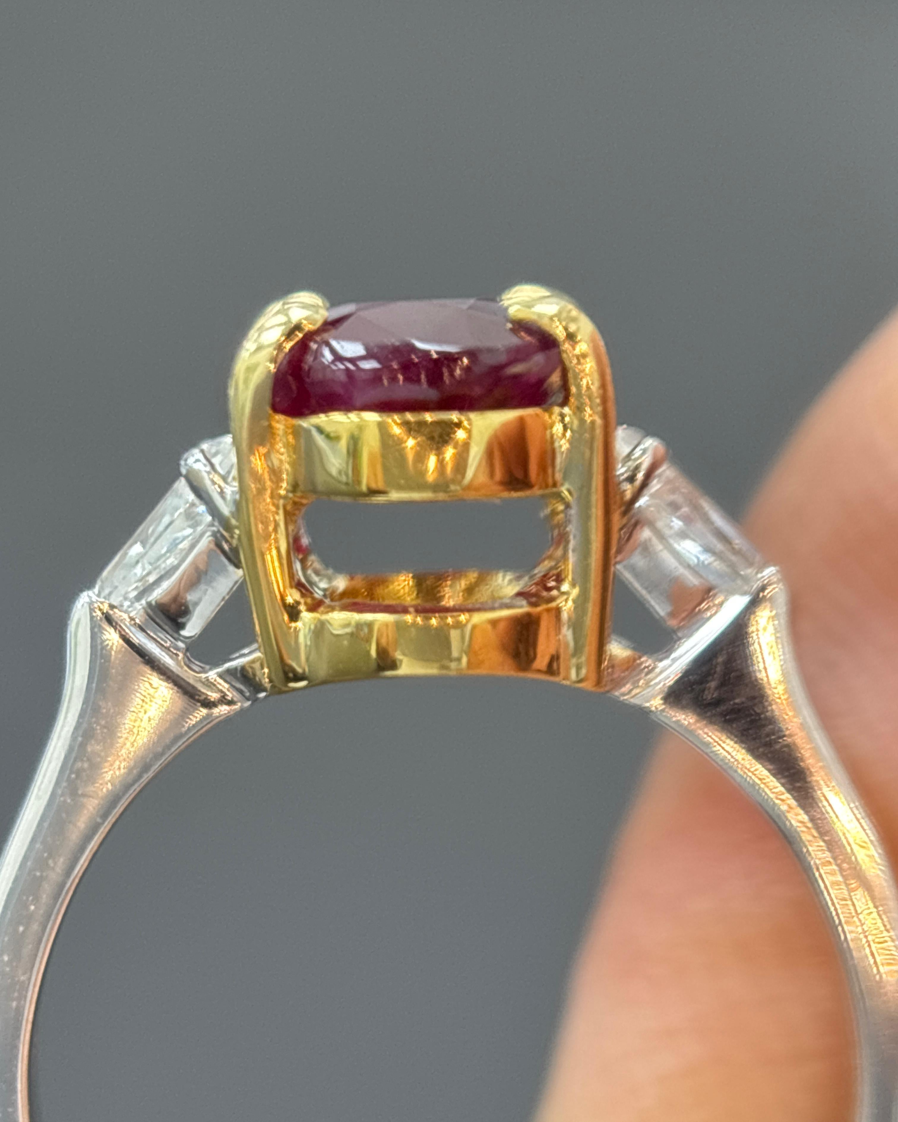 Women's or Men's GIA Certified 1.98 Carat Burma No Heat Ruby White Diamond Gold Three Stone Ring