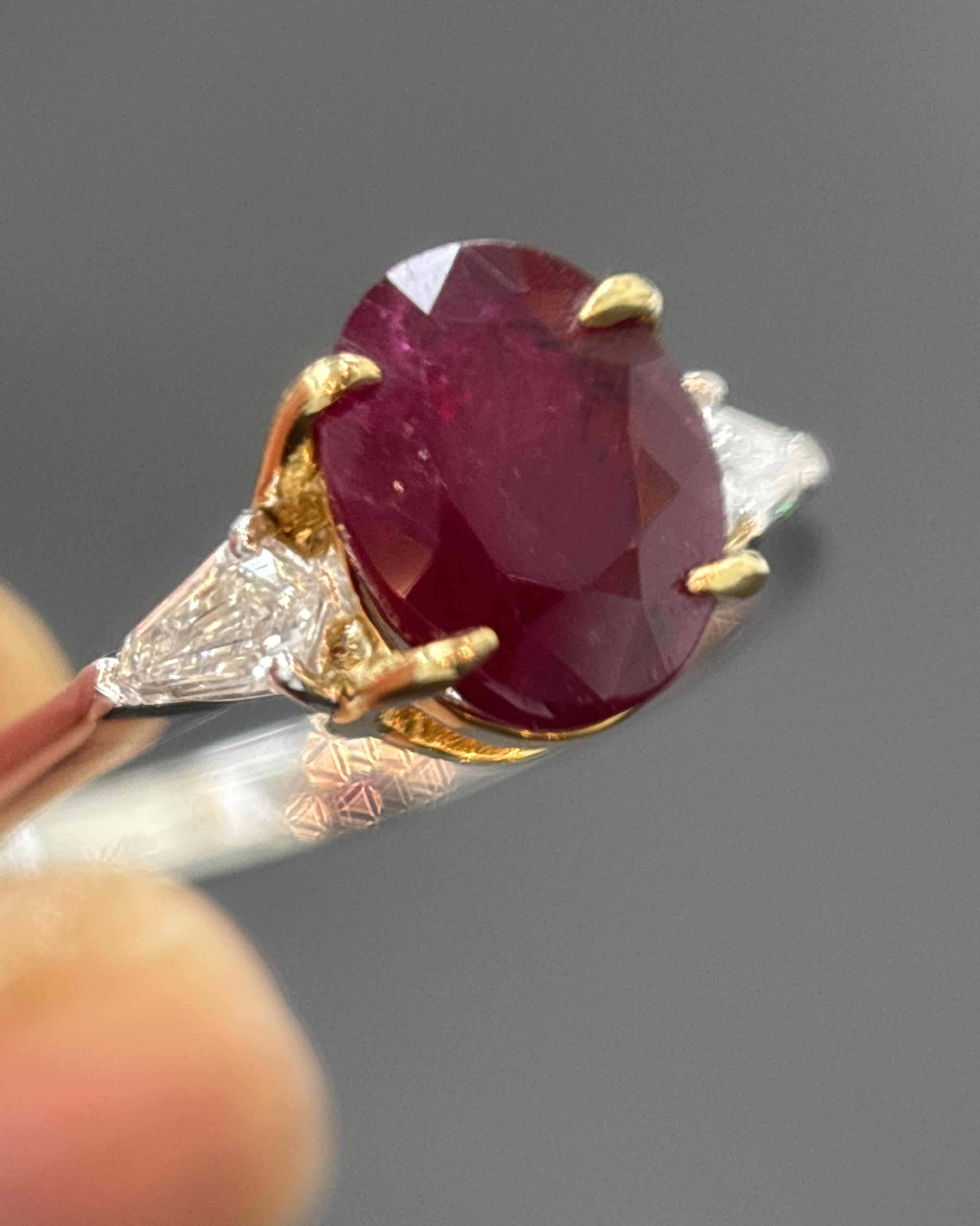 GIA Certified 1.98 Carat Burma No Heat Ruby White Diamond Gold Three Stone Ring 1