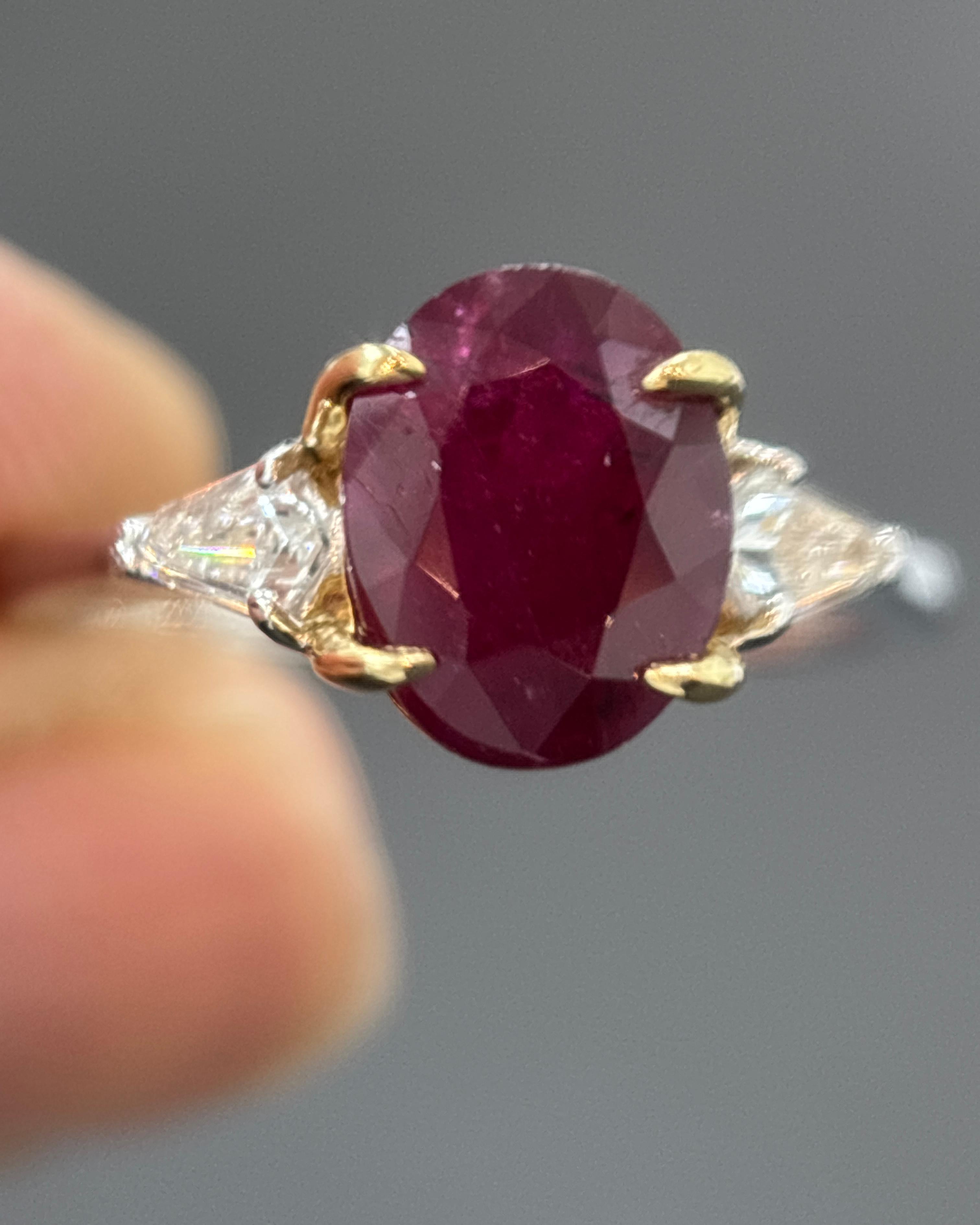 GIA Certified 1.98 Carat Burma No Heat Ruby White Diamond Gold Three Stone Ring 2