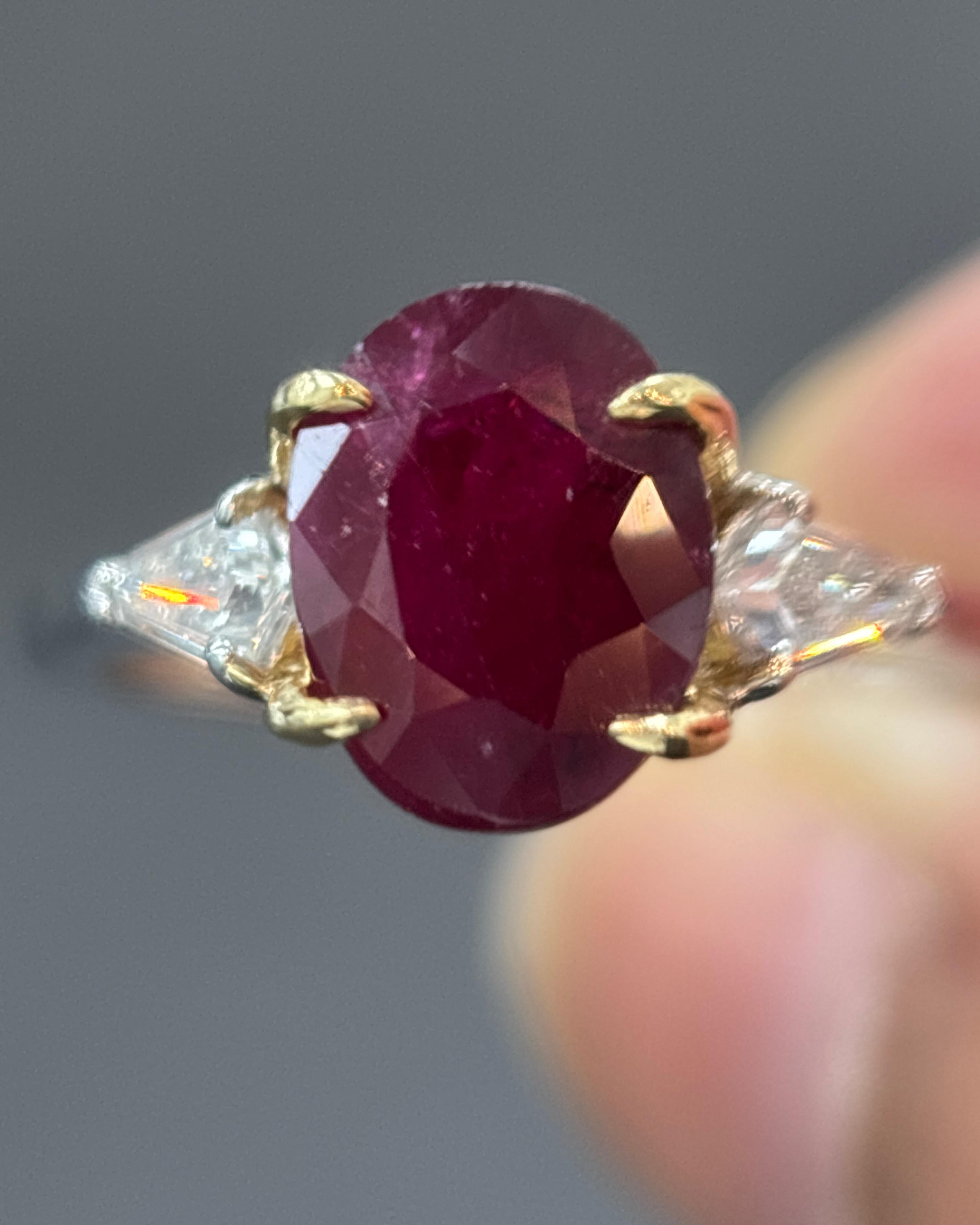 GIA Certified 1.98 Carat Burma No Heat Ruby White Diamond Gold Three Stone Ring 3